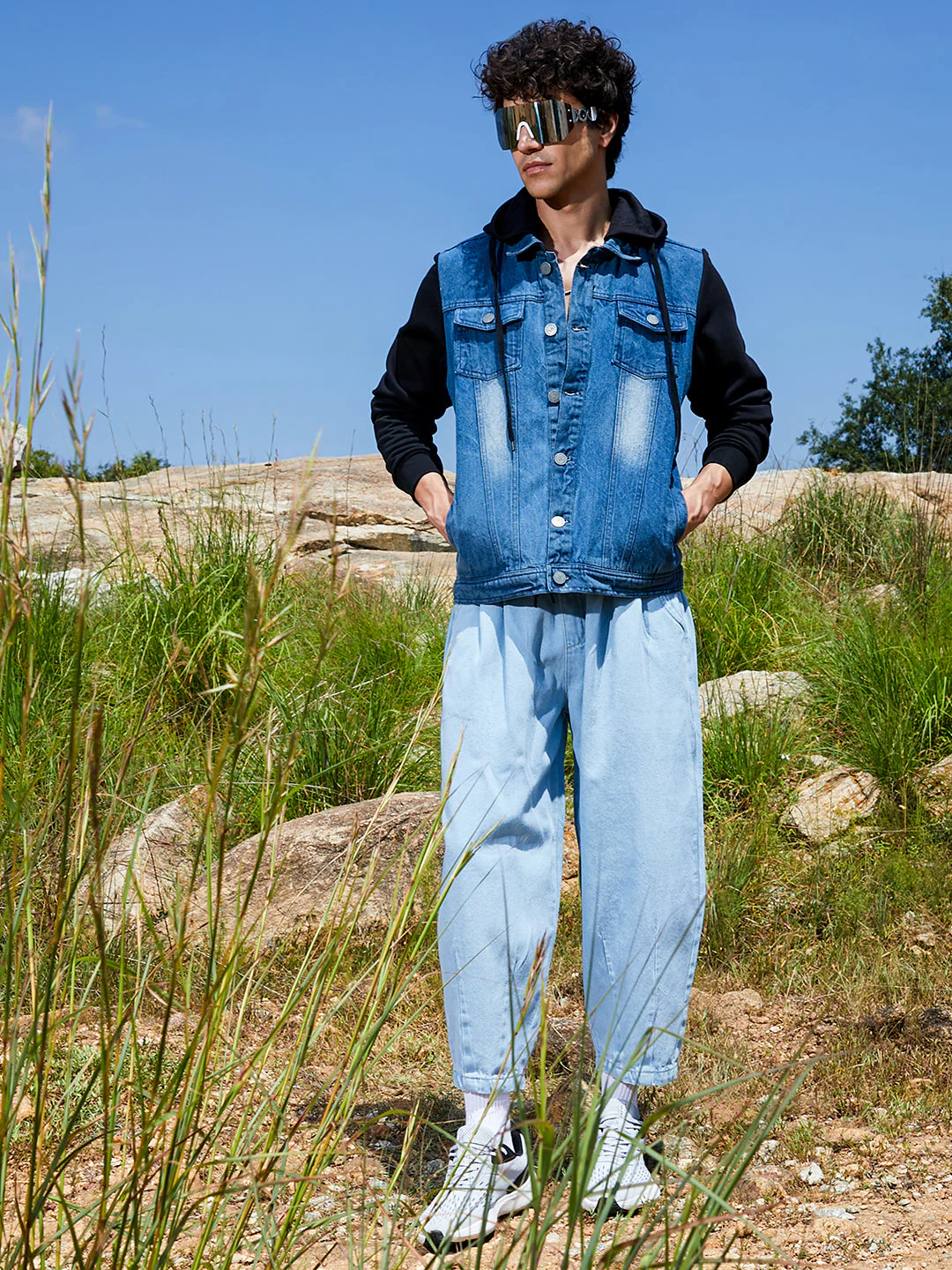 Medium-Wash Denim Jacket With Sweatshirt Sleeve - Image 6
