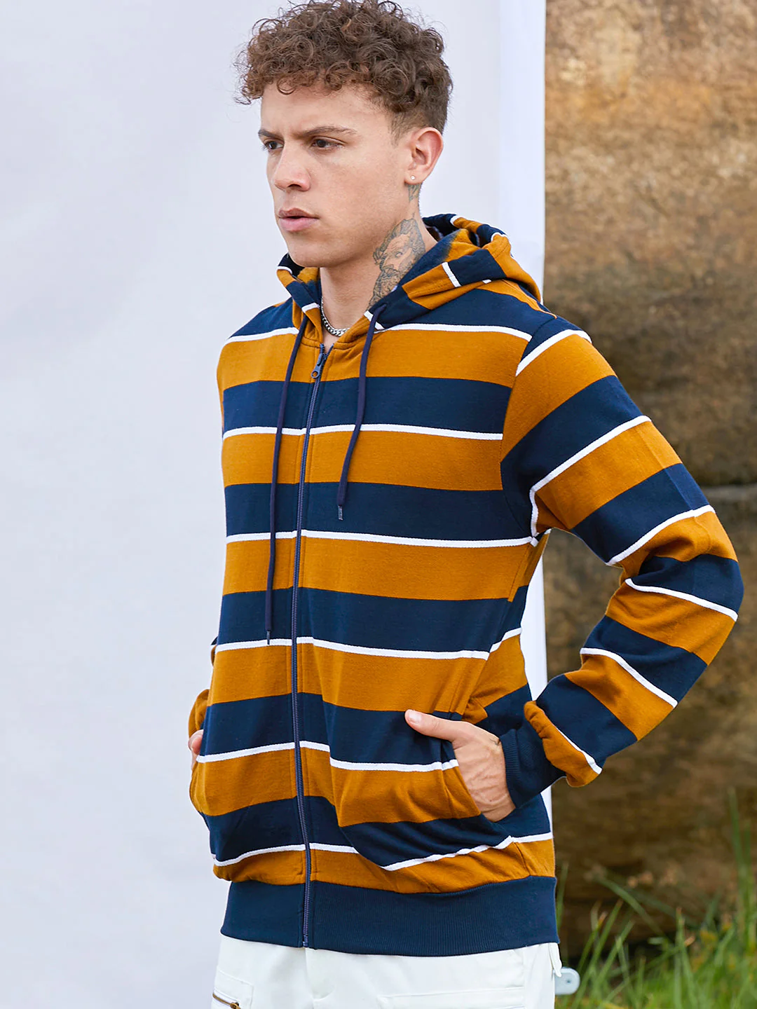 Men's Horizontal Striped Zip-Front Hoodie - Image 3