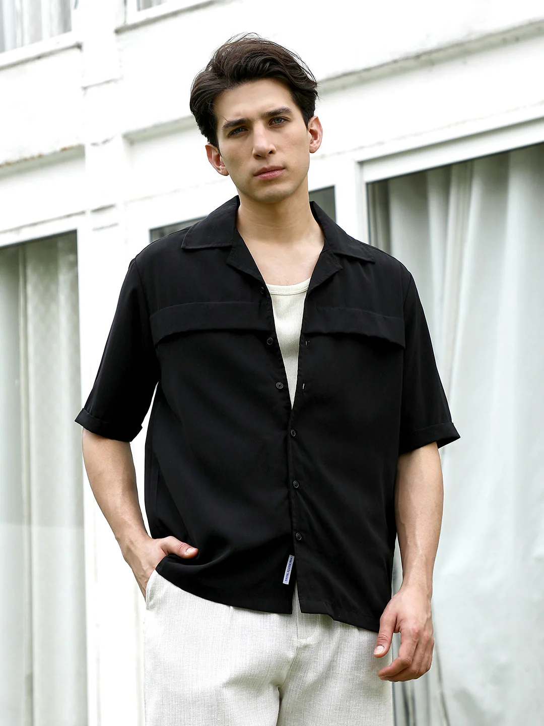 Black Cuban Collar Short Sleeve Shirt - Image 2