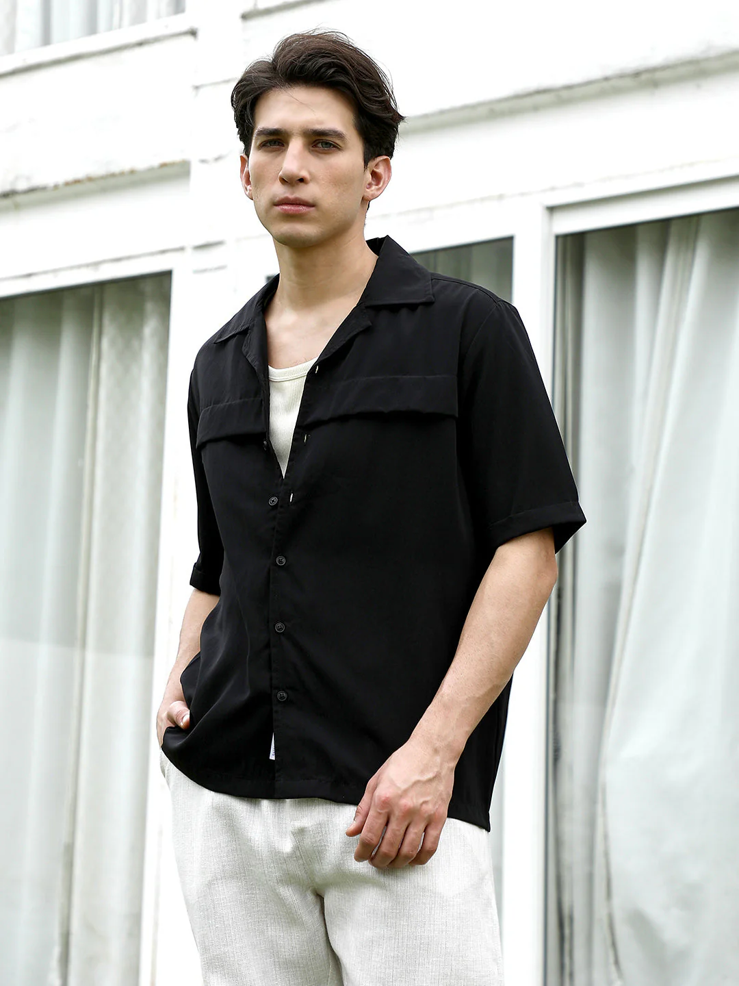 Black Cuban Collar Short Sleeve Shirt - Image 3