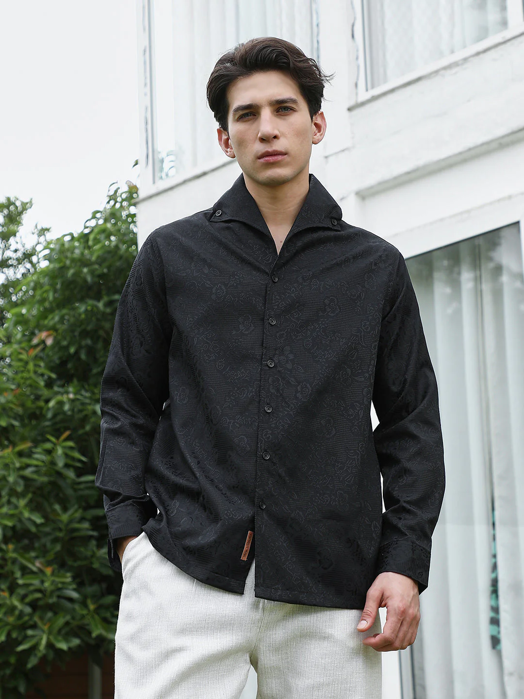 Black Floral Self Design Full Sleeve Shirt - Image 2