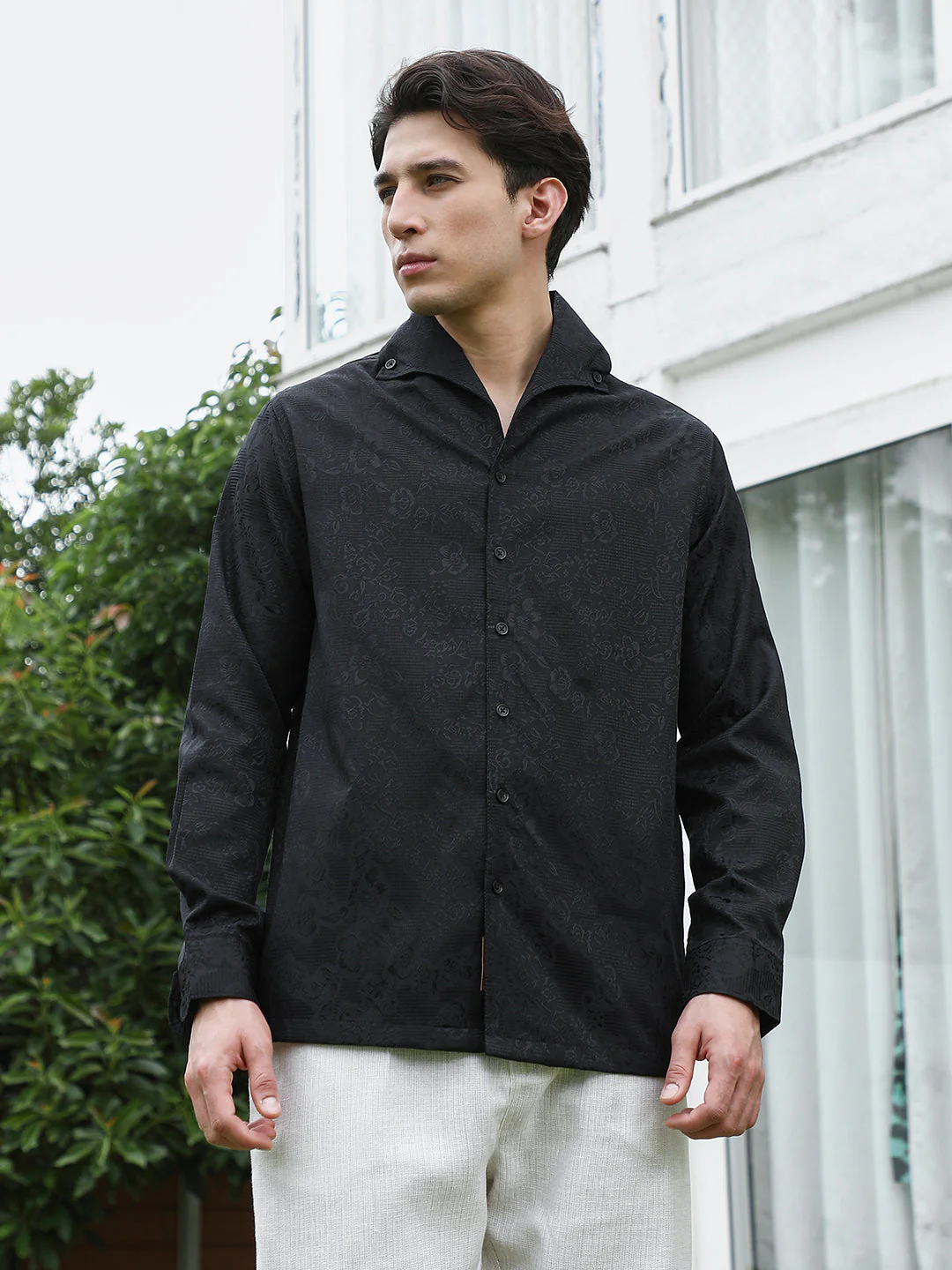 Black Floral Self Design Full Sleeve Shirt - Image 3