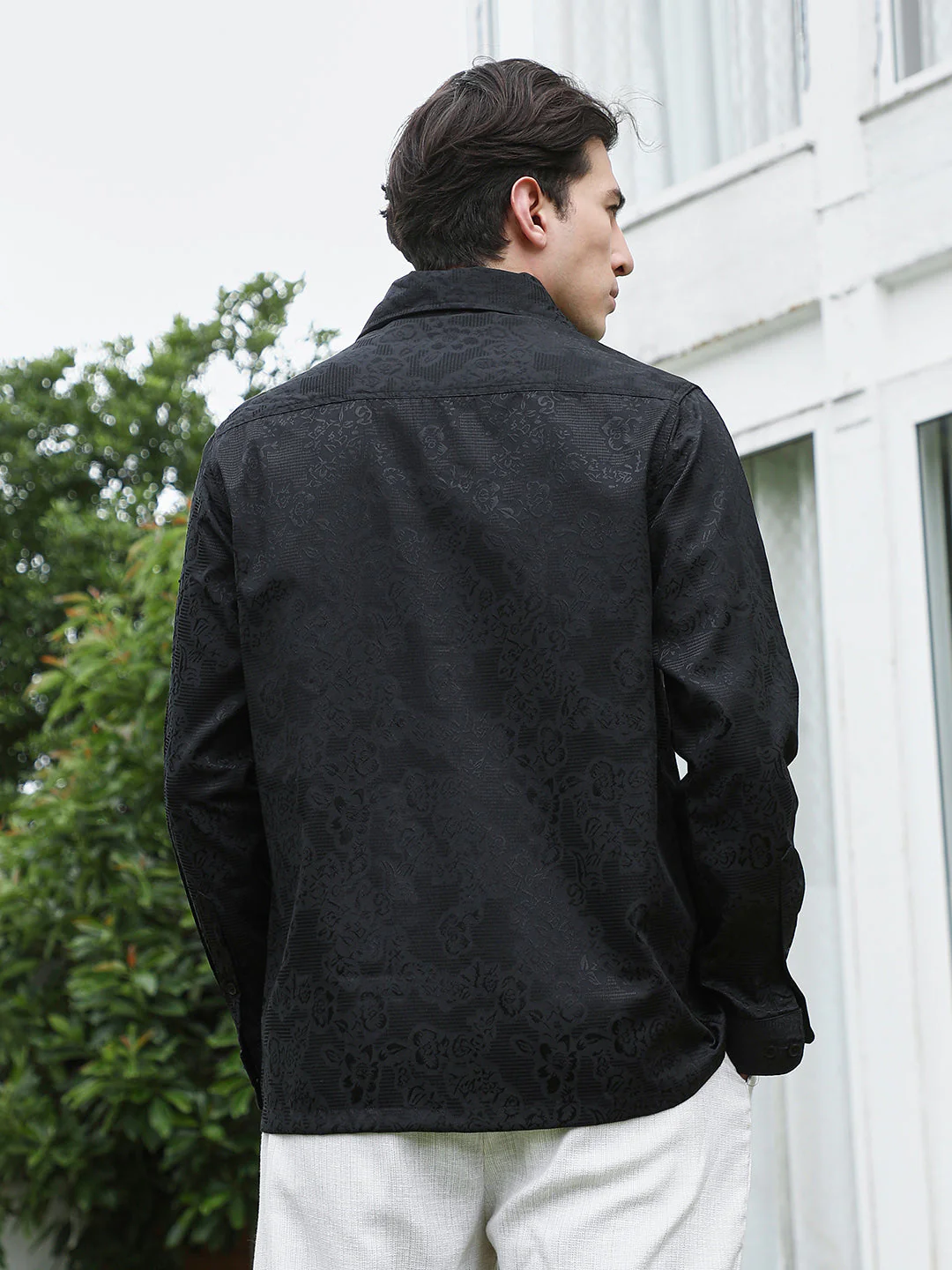 Black Floral Self Design Full Sleeve Shirt - Image 4