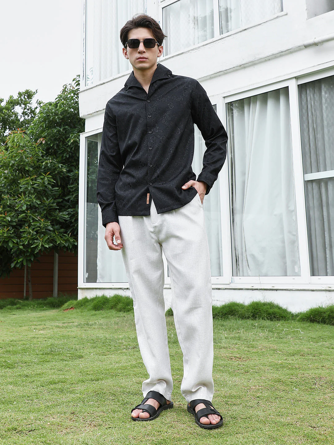 Black Floral Self Design Full Sleeve Shirt - Image 6