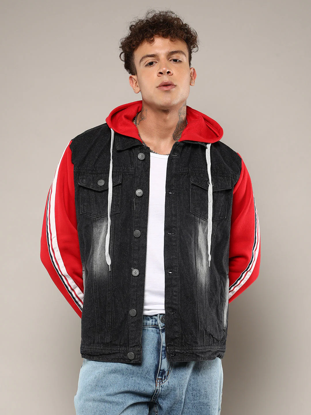 Dark-Wash Denim Jacket With Sweatshirt Sleeve - Image 2