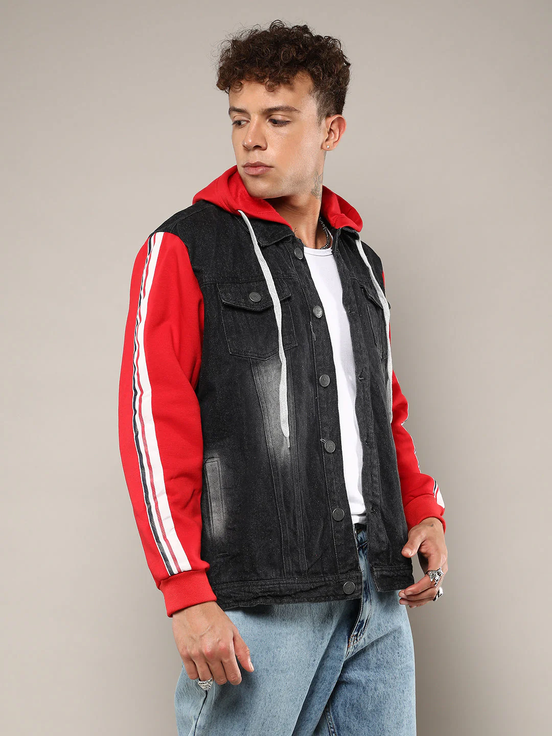 Dark-Wash Denim Jacket With Sweatshirt Sleeve - Image 3