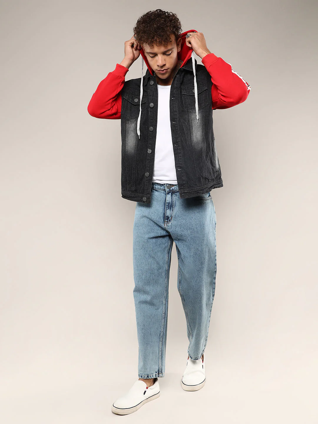 Dark-Wash Denim Jacket With Sweatshirt Sleeve - Image 5