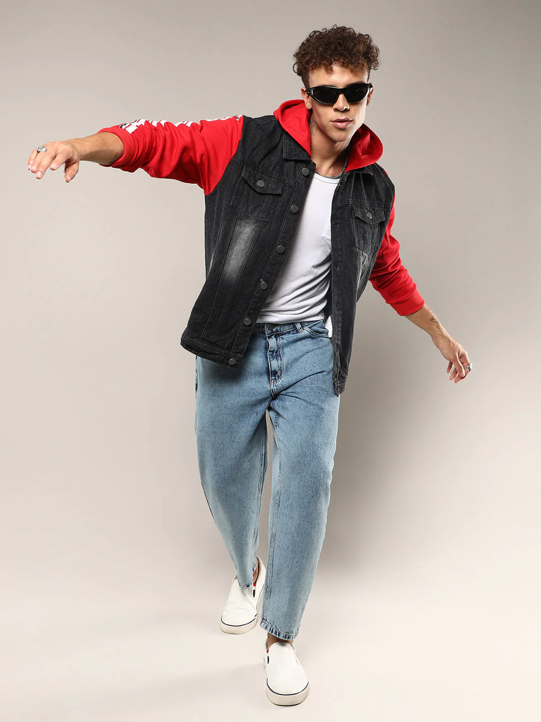 Dark-Wash Denim Jacket With Sweatshirt Sleeve - Image 6