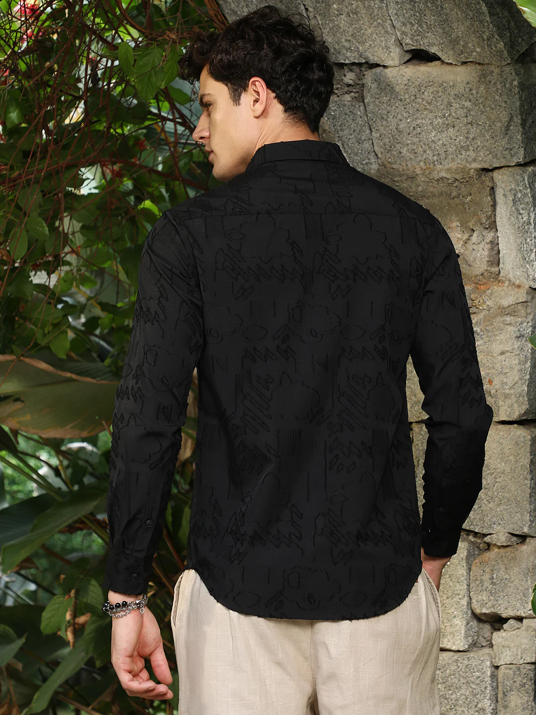 Black Self-Design Cotton Blend Slim Fit Shirt - Image 11