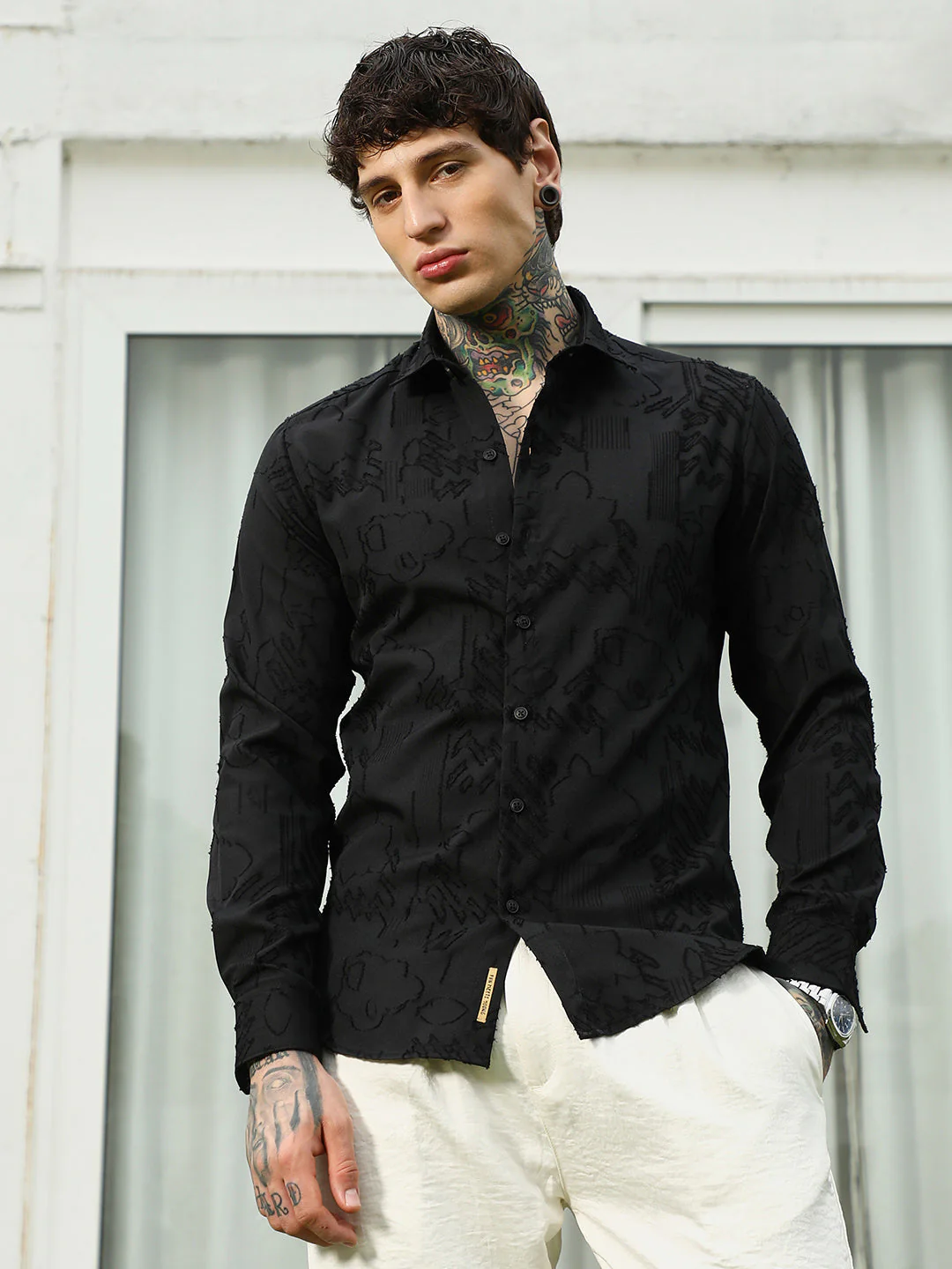 Black Self-Design Cotton Blend Slim Fit Shirt - Image 2