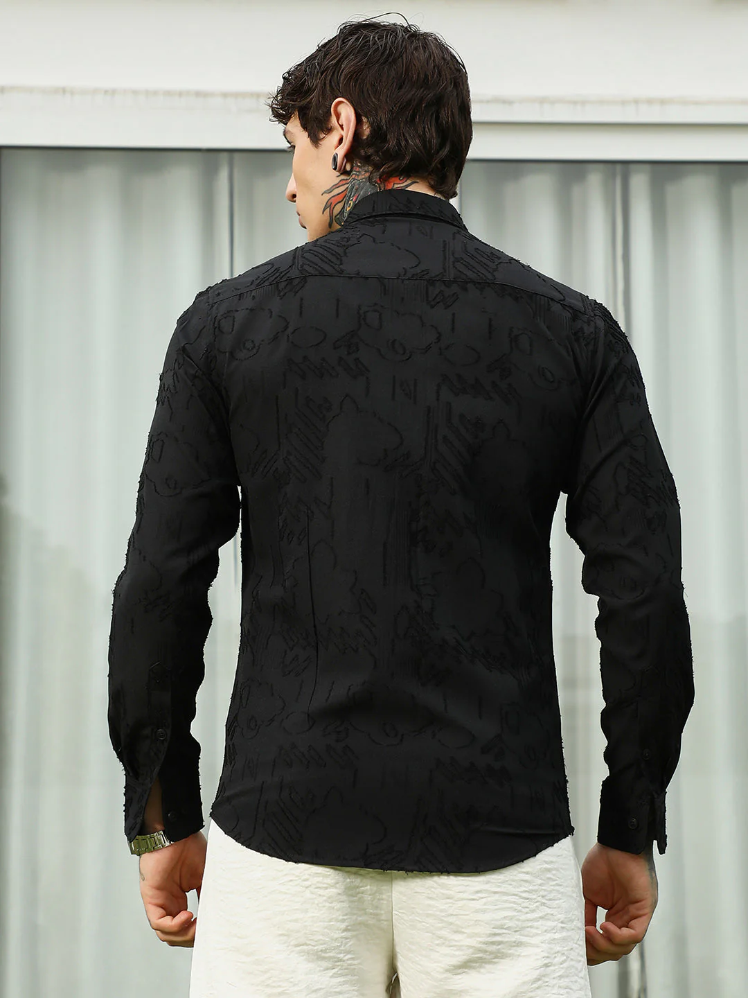 Black Self-Design Cotton Blend Slim Fit Shirt - Image 4