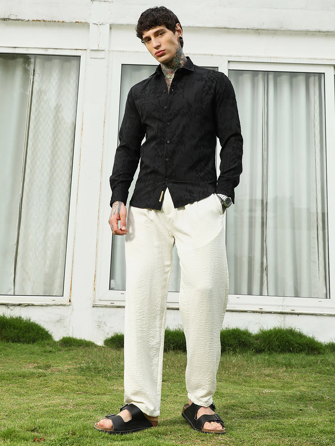 Black Self-Design Cotton Blend Slim Fit Shirt - Image 5