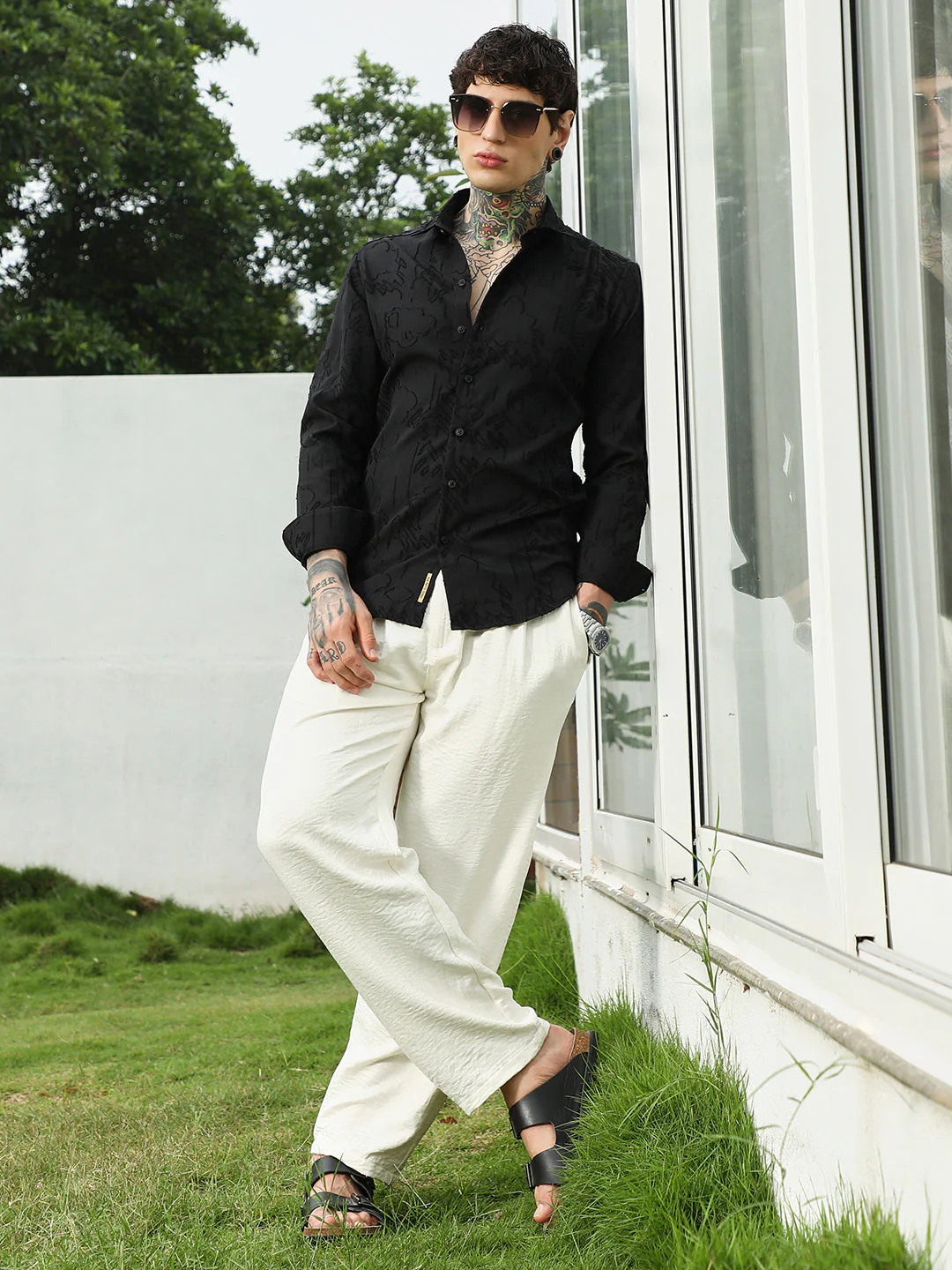 Black Self-Design Cotton Blend Slim Fit Shirt - Image 6