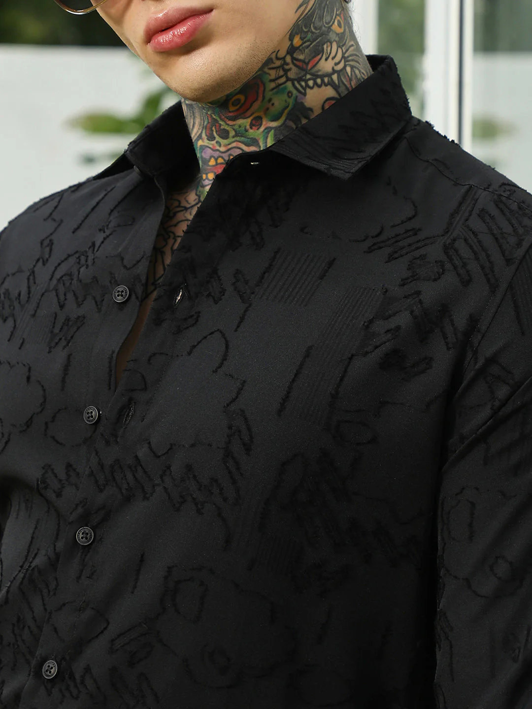 Black Self-Design Cotton Blend Slim Fit Shirt - Image 7