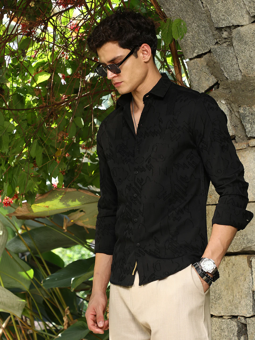 Black Self-Design Cotton Blend Slim Fit Shirt - Image 8