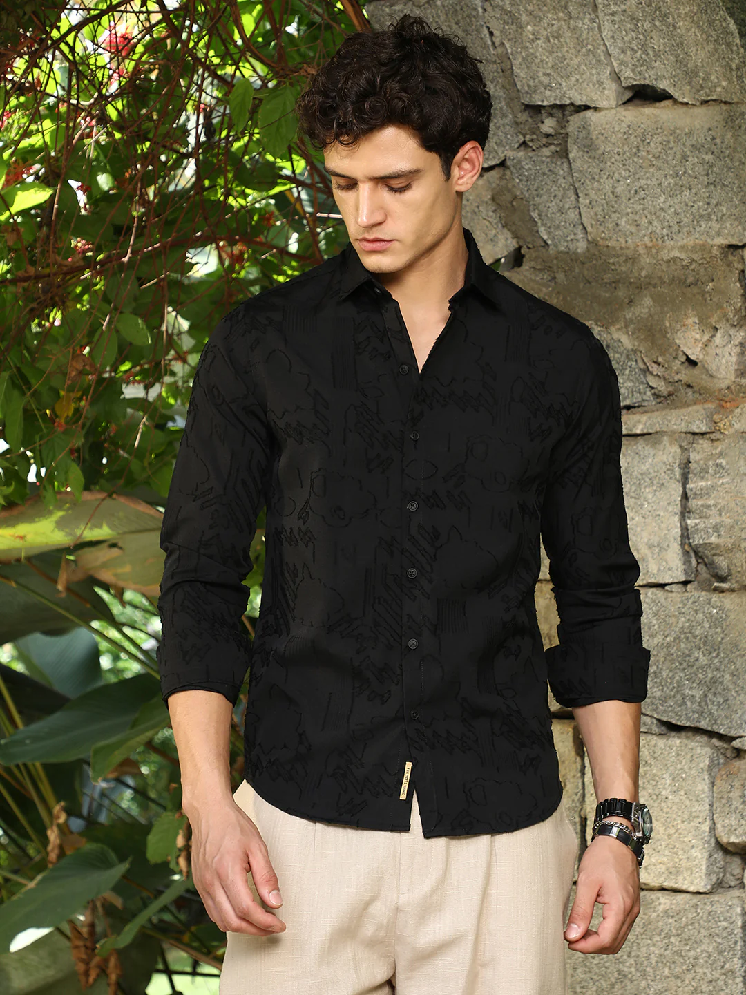 Black Self-Design Cotton Blend Slim Fit Shirt - Image 9