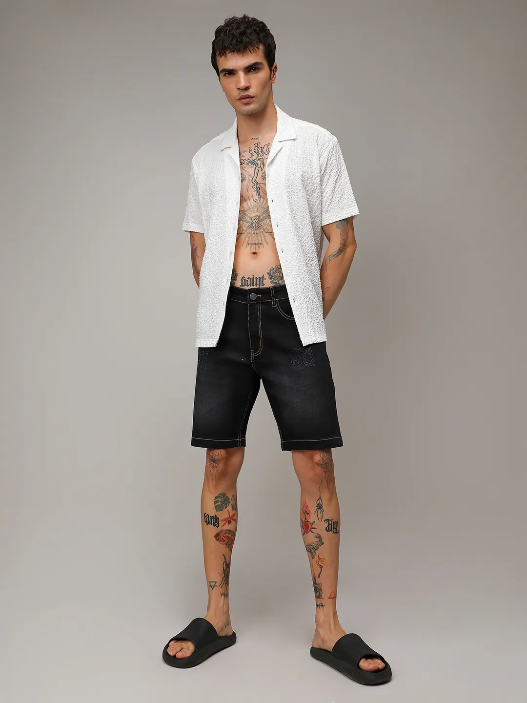 Solid Denim Shorts - Image 5