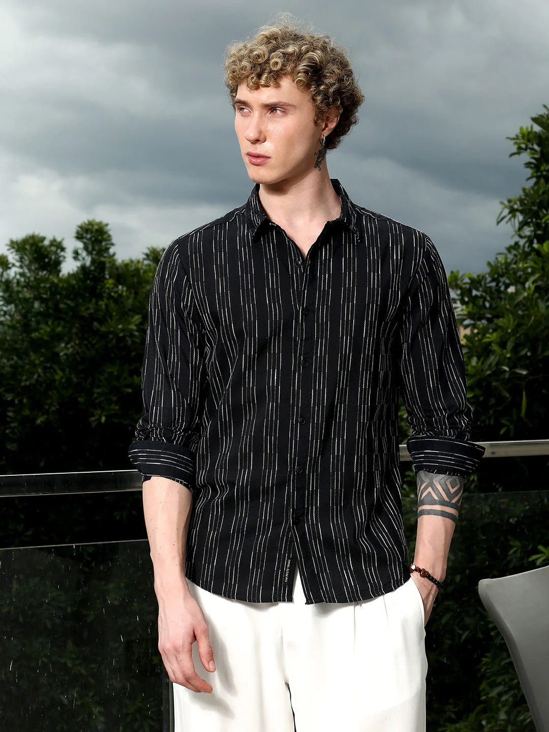 Black Striped Cotton Blend Slim Fit Shirt - Image 2