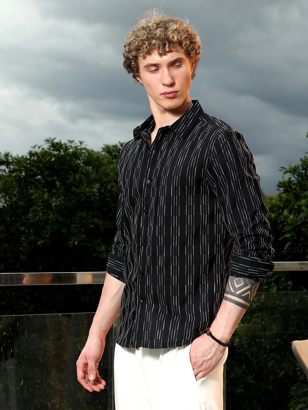 Black Striped Cotton Blend Slim Fit Shirt - Image 3
