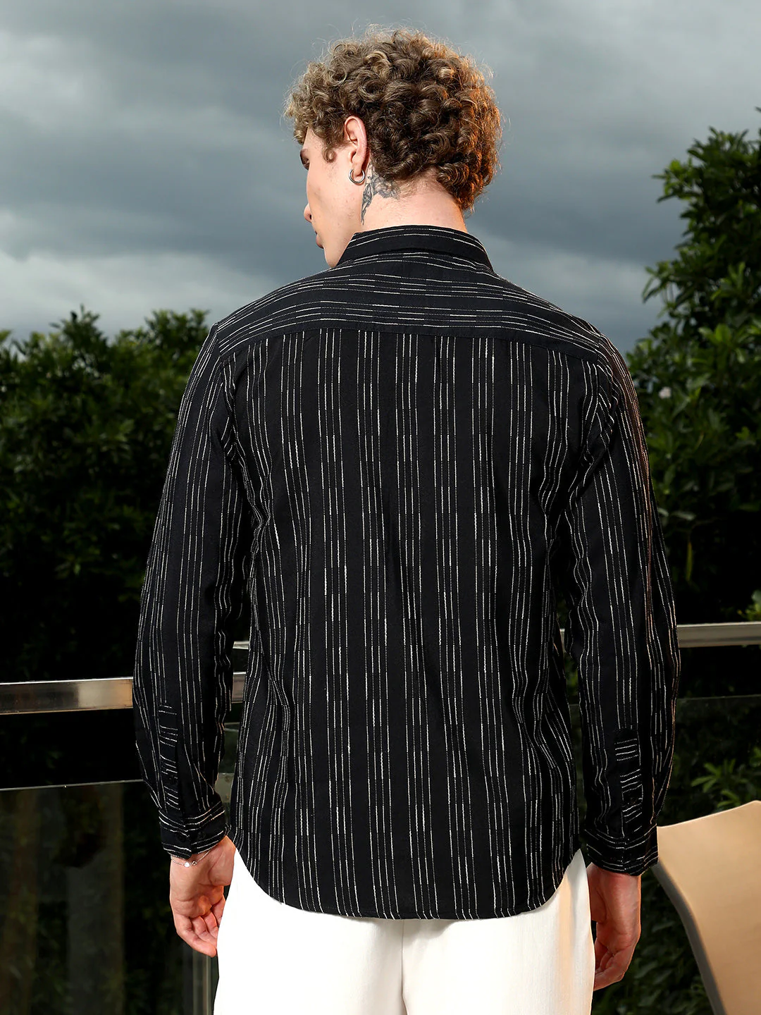 Black Striped Cotton Blend Slim Fit Shirt - Image 4