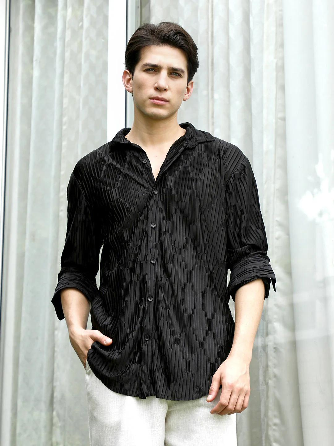 Black Textured Slim Fit Shirt With Semi-Spread Collar - Image 2
