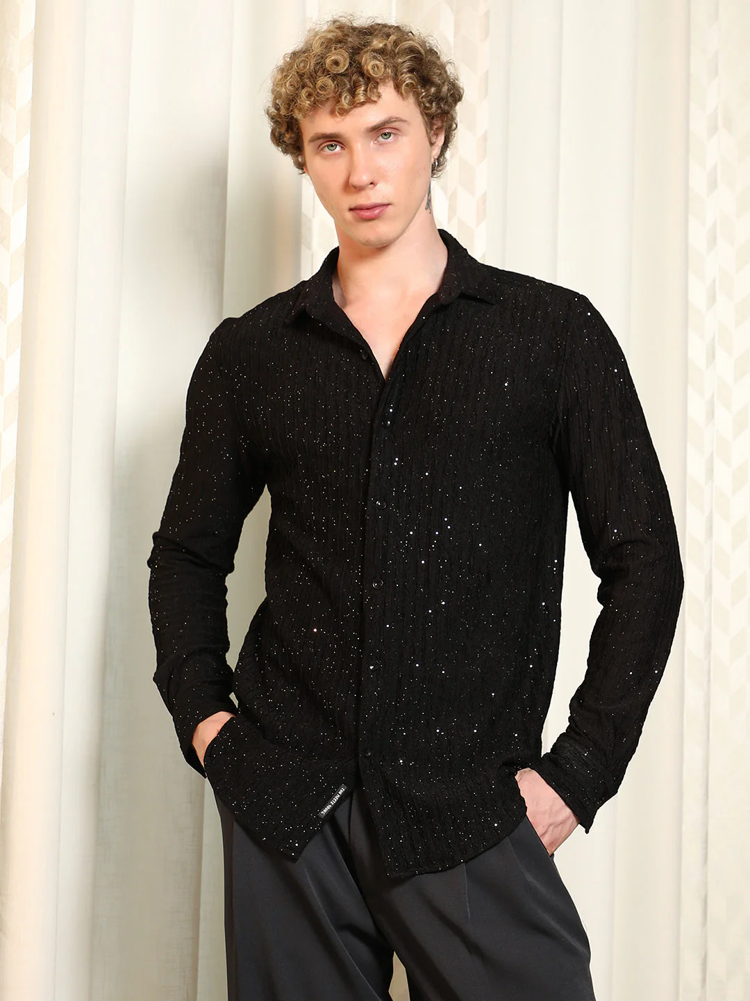 Black Textured Slim Fit Shirt With Shimmer Effect - Image 2