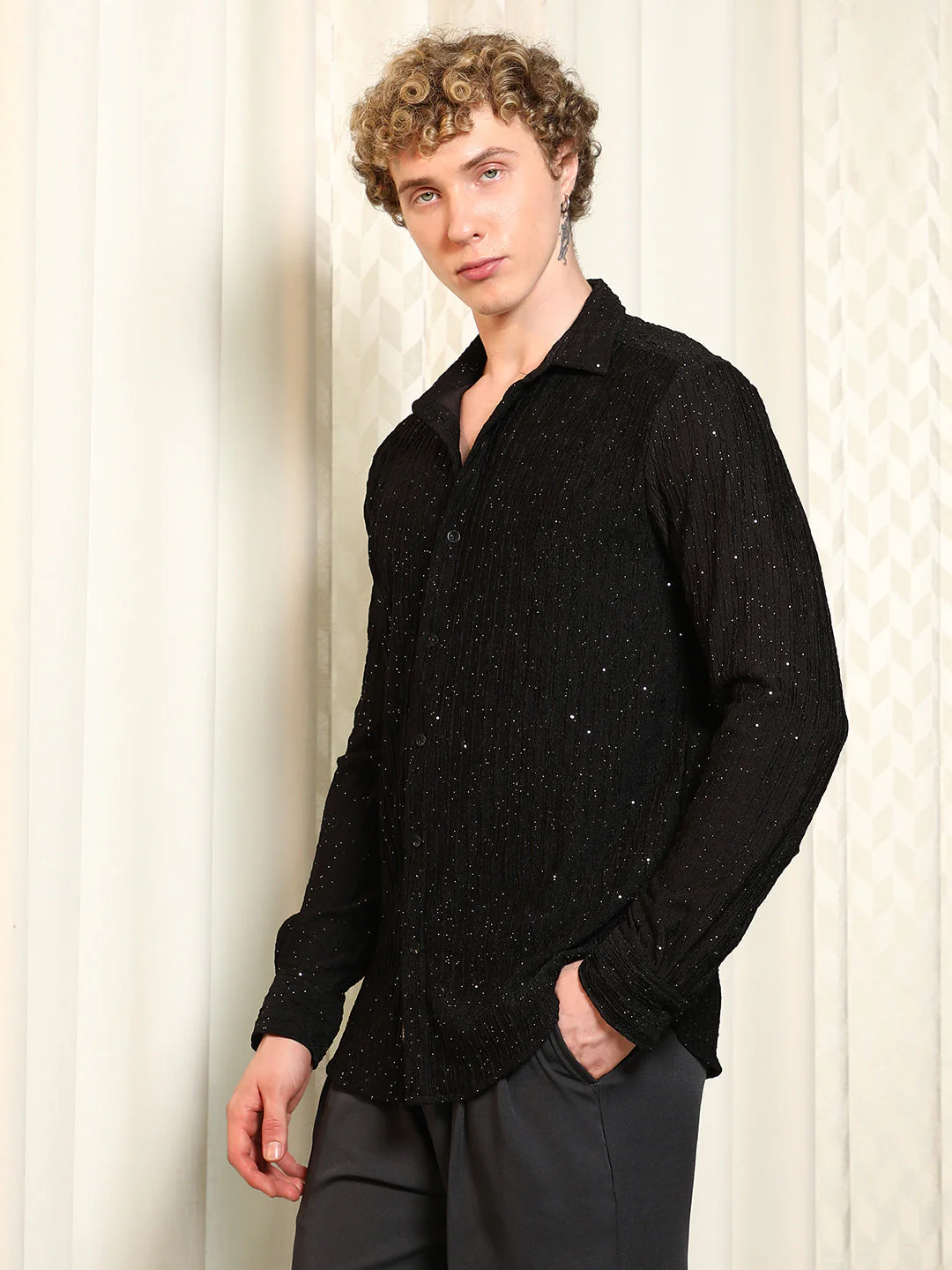 Black Textured Slim Fit Shirt With Shimmer Effect - Image 3