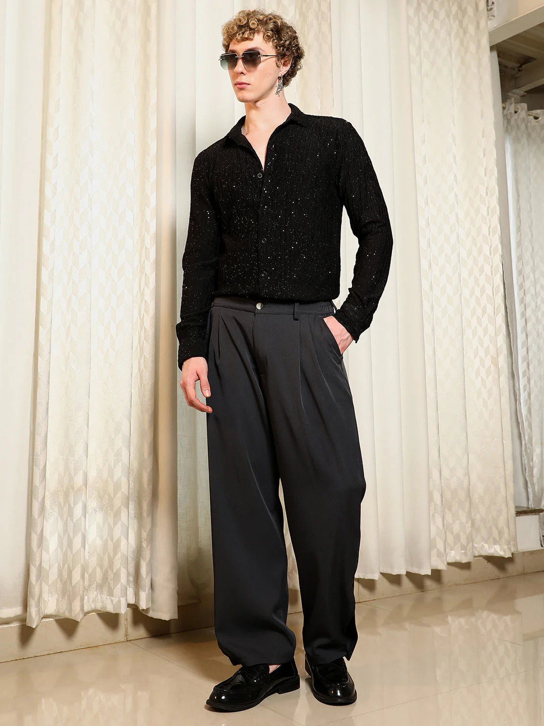 Black Textured Slim Fit Shirt With Shimmer Effect - Image 6
