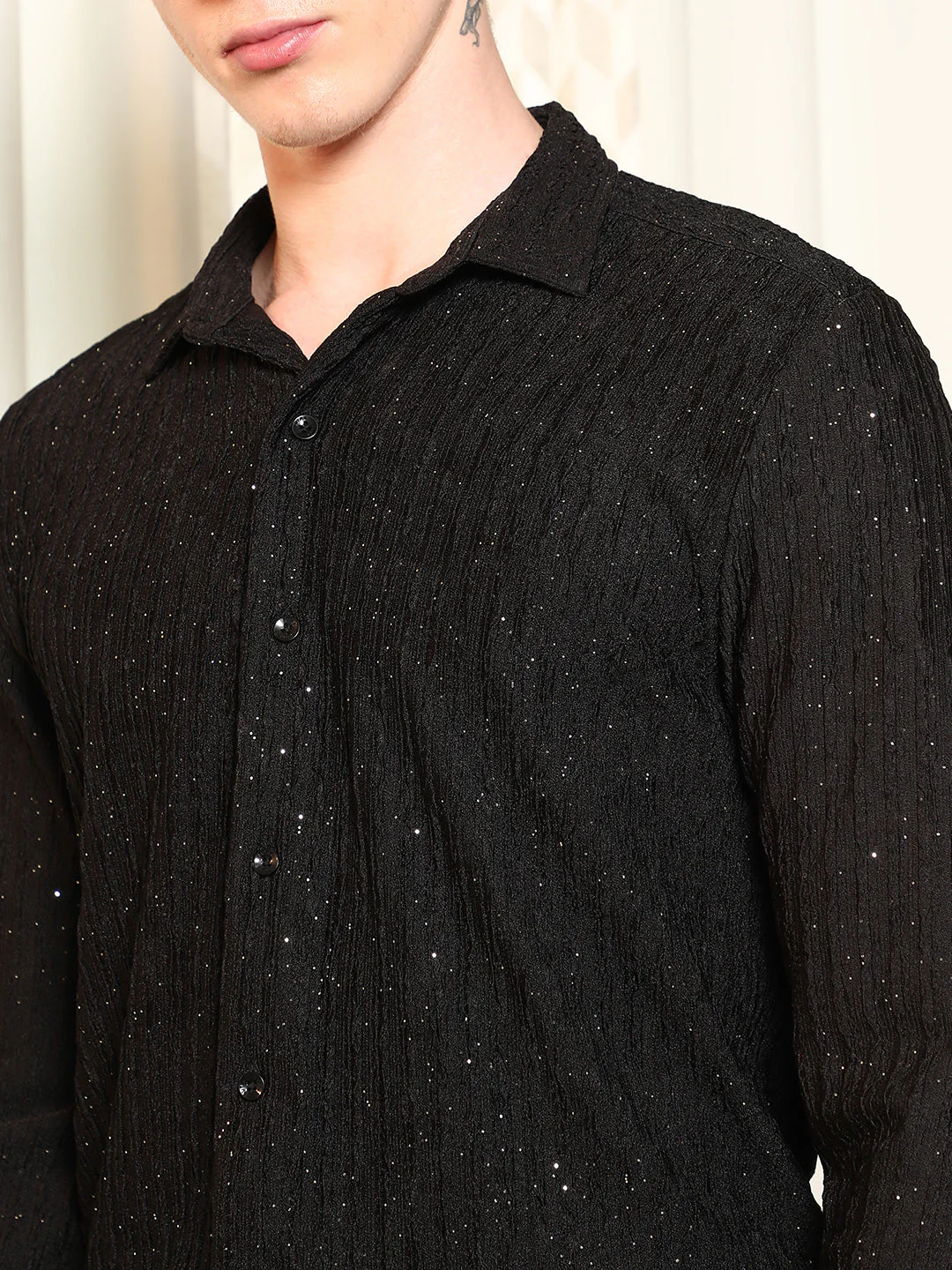 Black Textured Slim Fit Shirt With Shimmer Effect - Image 7
