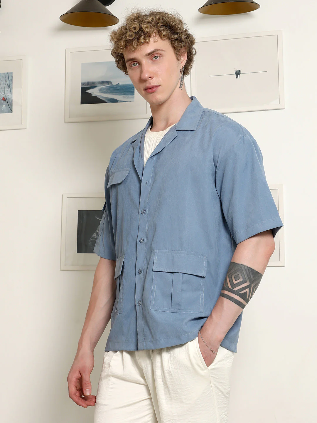 Blue Cuban Collar Relaxed Fit Shirt With Flap Pockets - Image 3