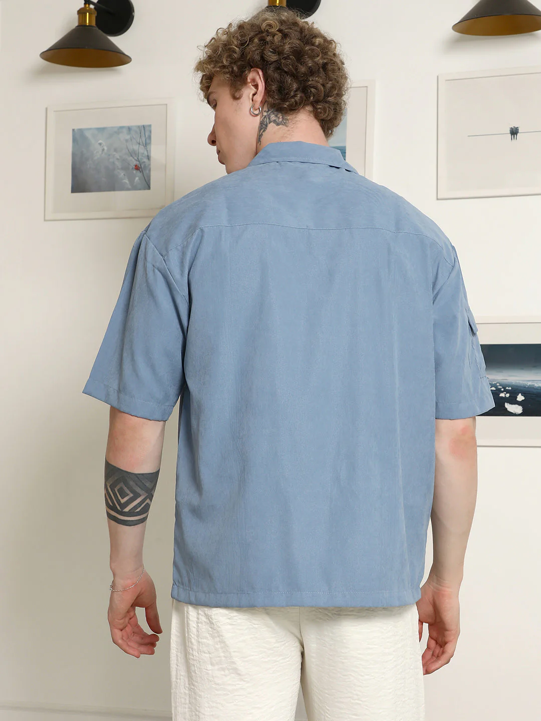 Blue Cuban Collar Relaxed Fit Shirt With Flap Pockets - Image 4