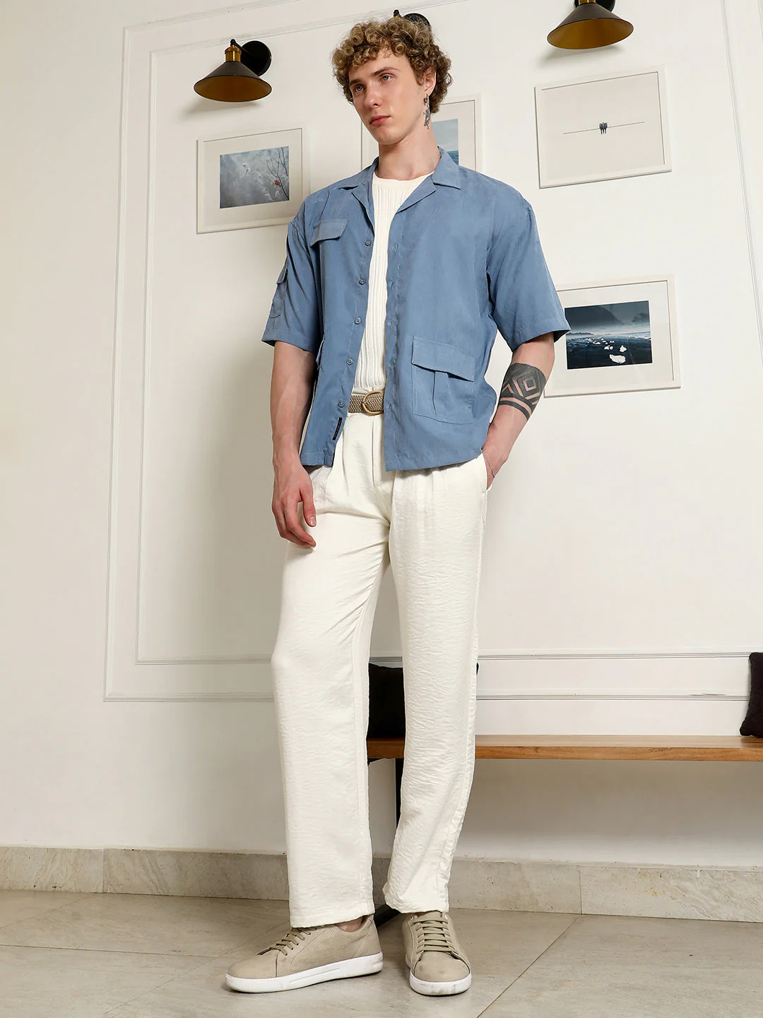 Blue Cuban Collar Relaxed Fit Shirt With Flap Pockets - Image 5