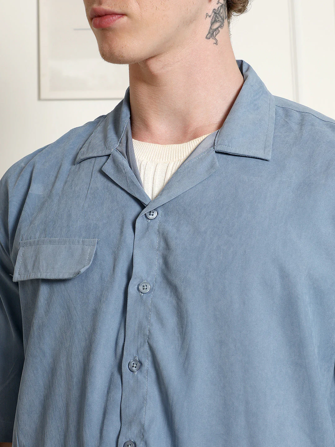 Blue Cuban Collar Relaxed Fit Shirt With Flap Pockets - Image 7
