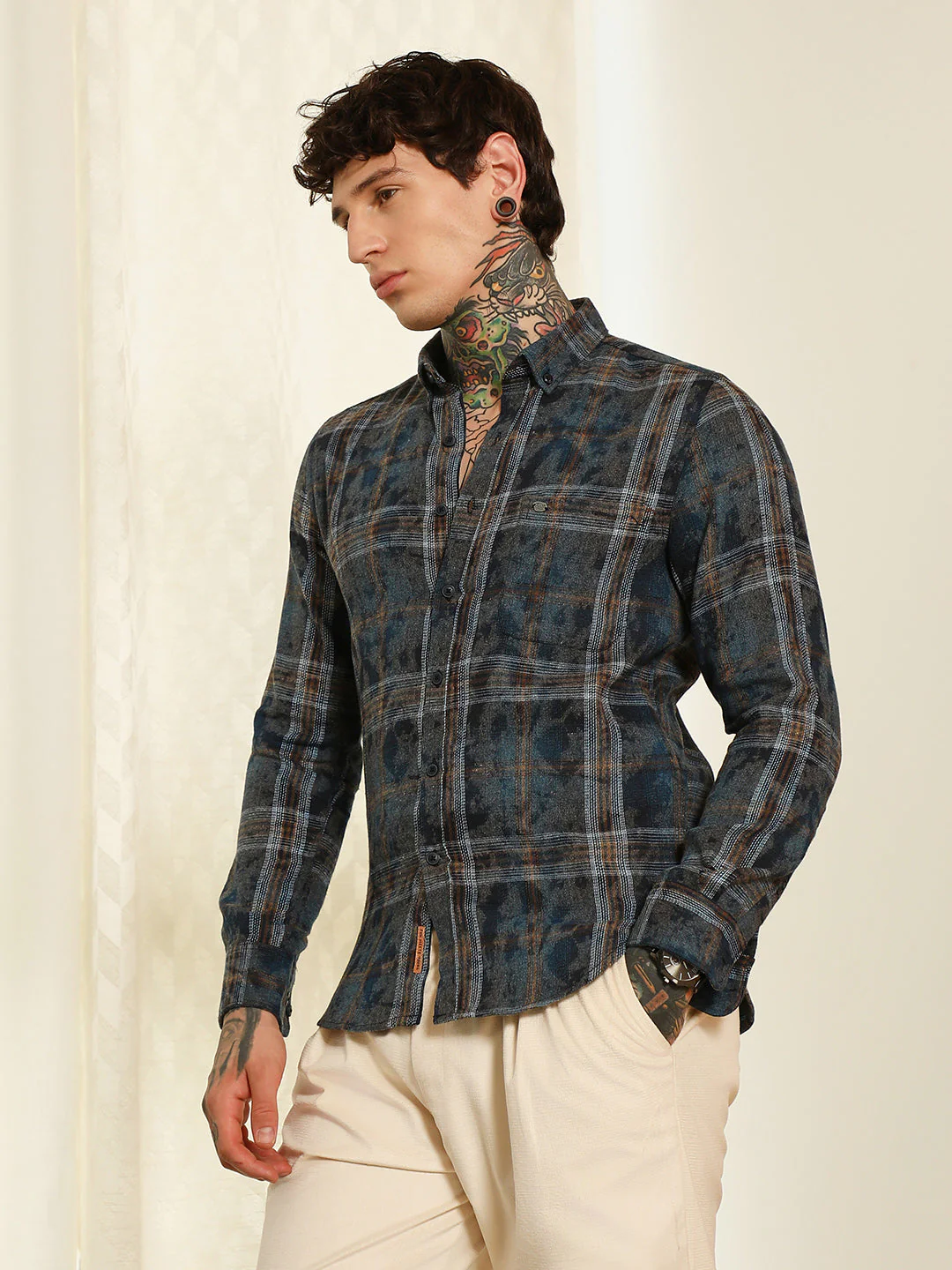 Blue Plaid Cotton Blend Slim Fit Shirt - Image 3