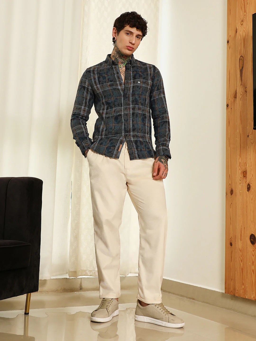 Blue Plaid Cotton Blend Slim Fit Shirt - Image 5