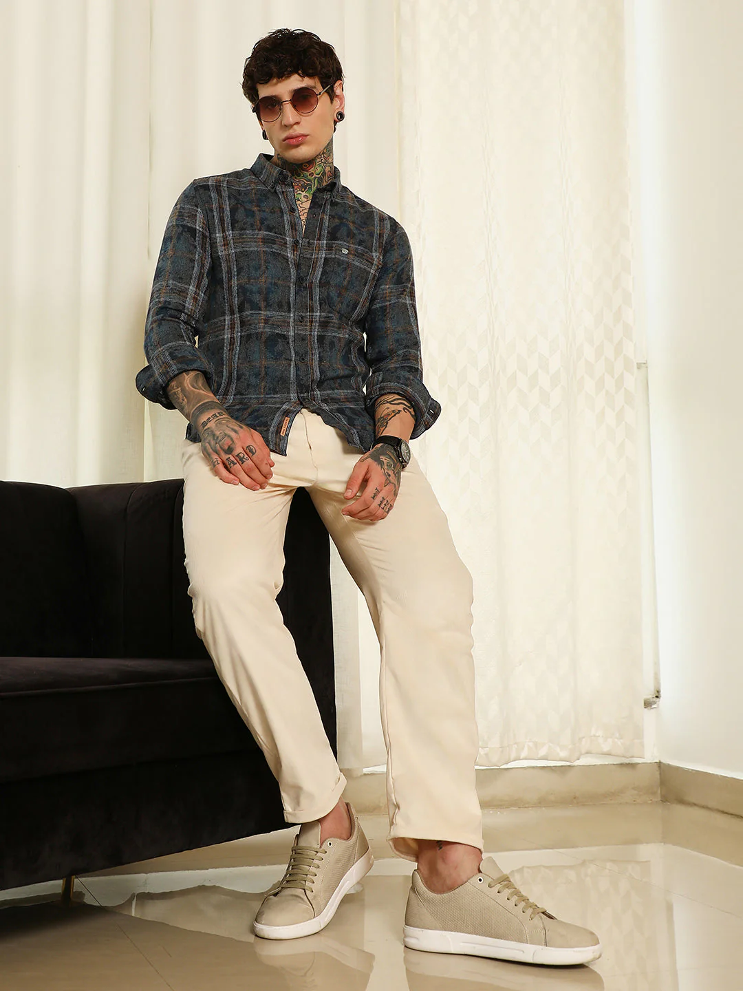Blue Plaid Cotton Blend Slim Fit Shirt - Image 6