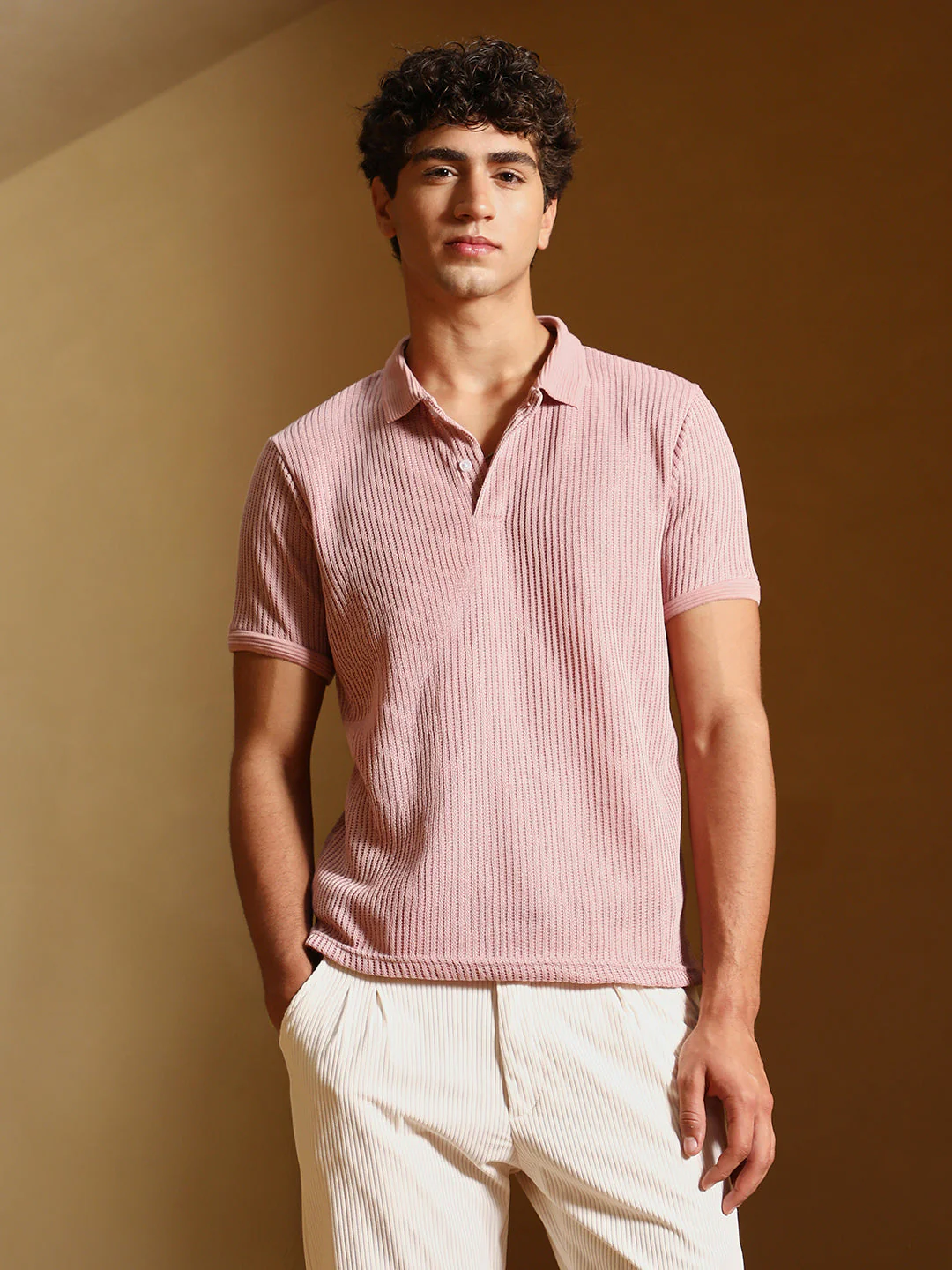 Solid Ribbed Polo T-Shirt - Image 2