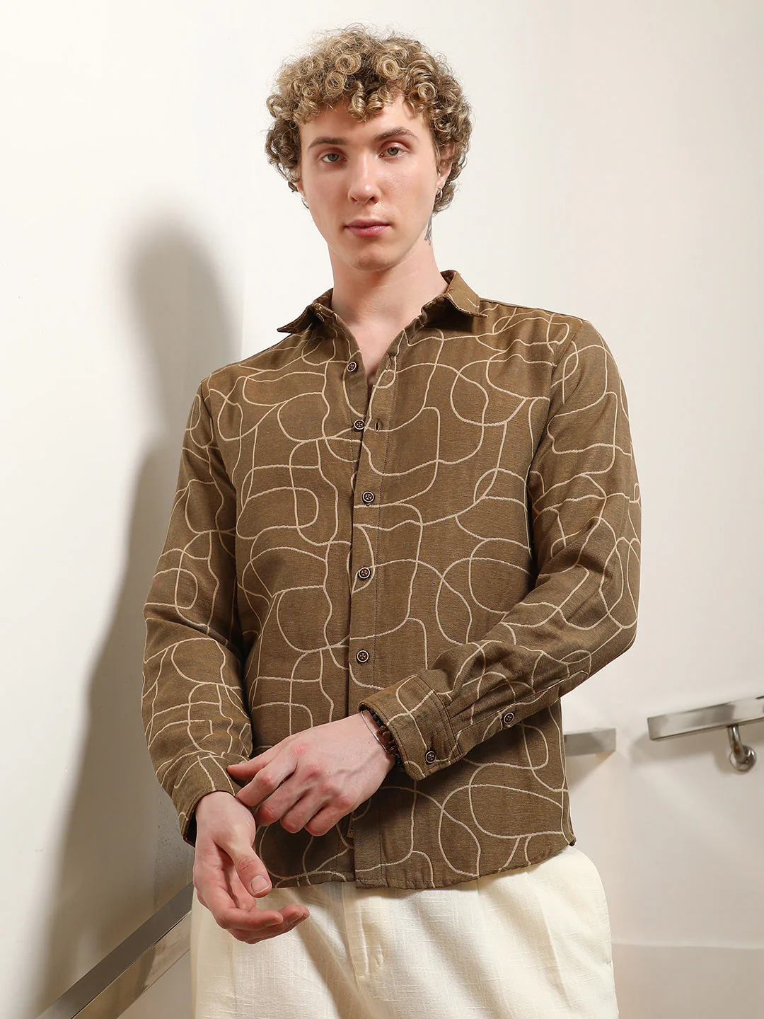 Brown Abstract Print Cotton Blend Full Sleeve Shirt - Image 2