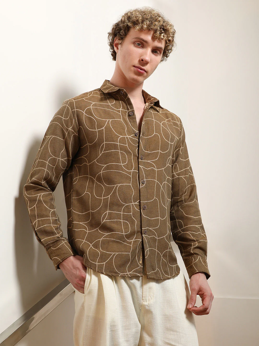 Brown Abstract Print Cotton Blend Full Sleeve Shirt - Image 3
