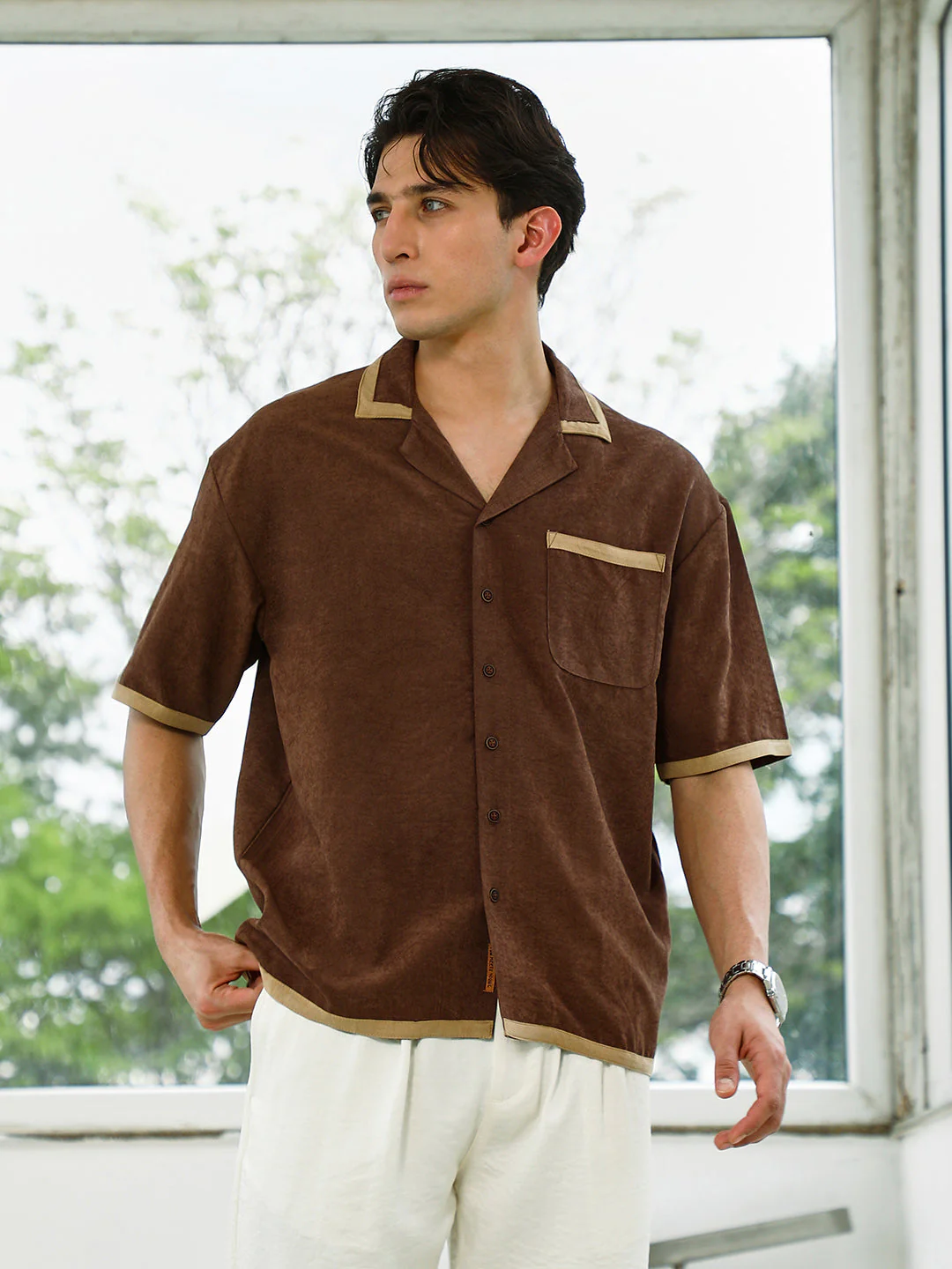 Brown Cuban Collar Shirt With Beige Accents - Image 2