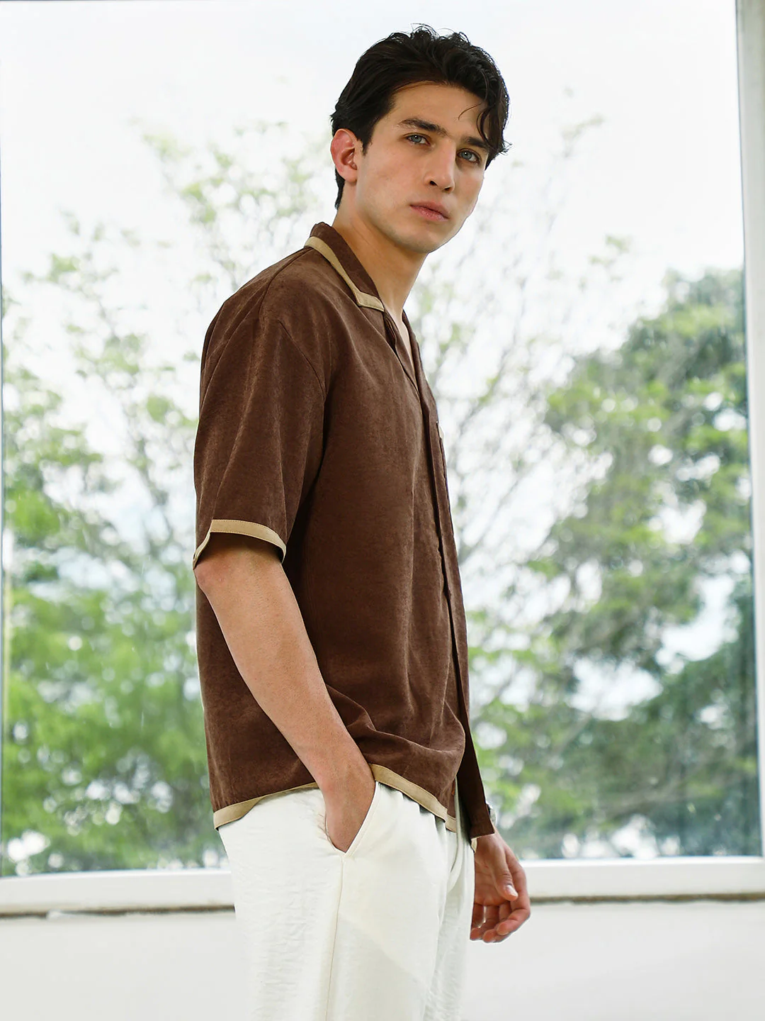 Brown Cuban Collar Shirt With Beige Accents - Image 3