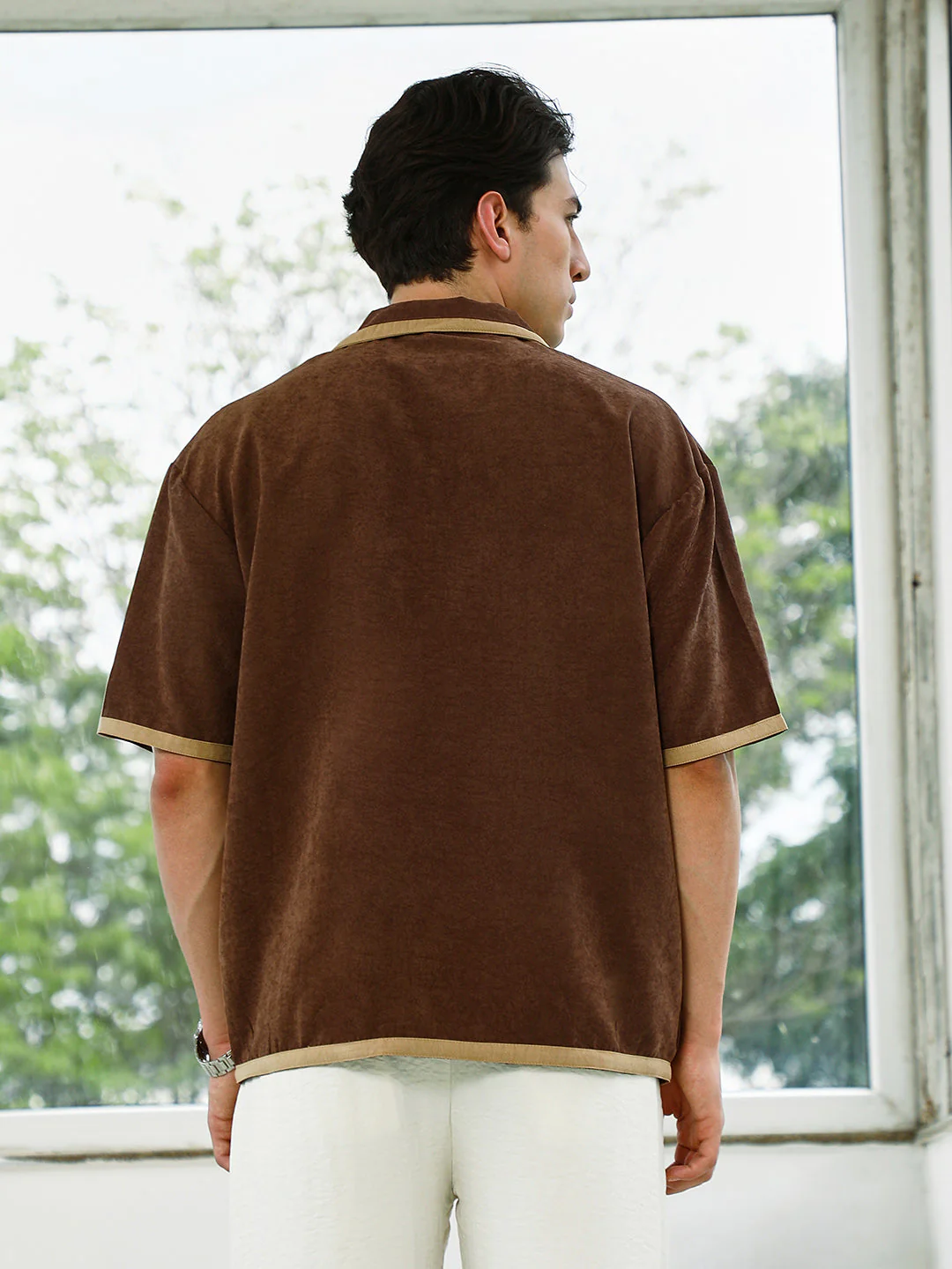 Brown Cuban Collar Shirt With Beige Accents - Image 4