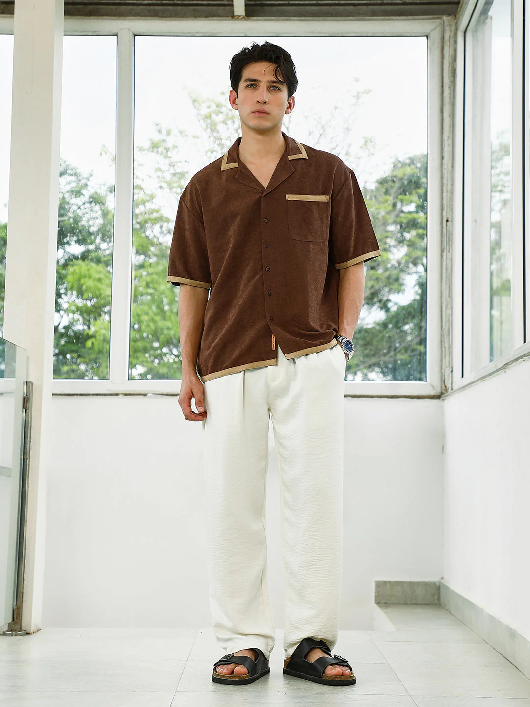 Brown Cuban Collar Shirt With Beige Accents - Image 5