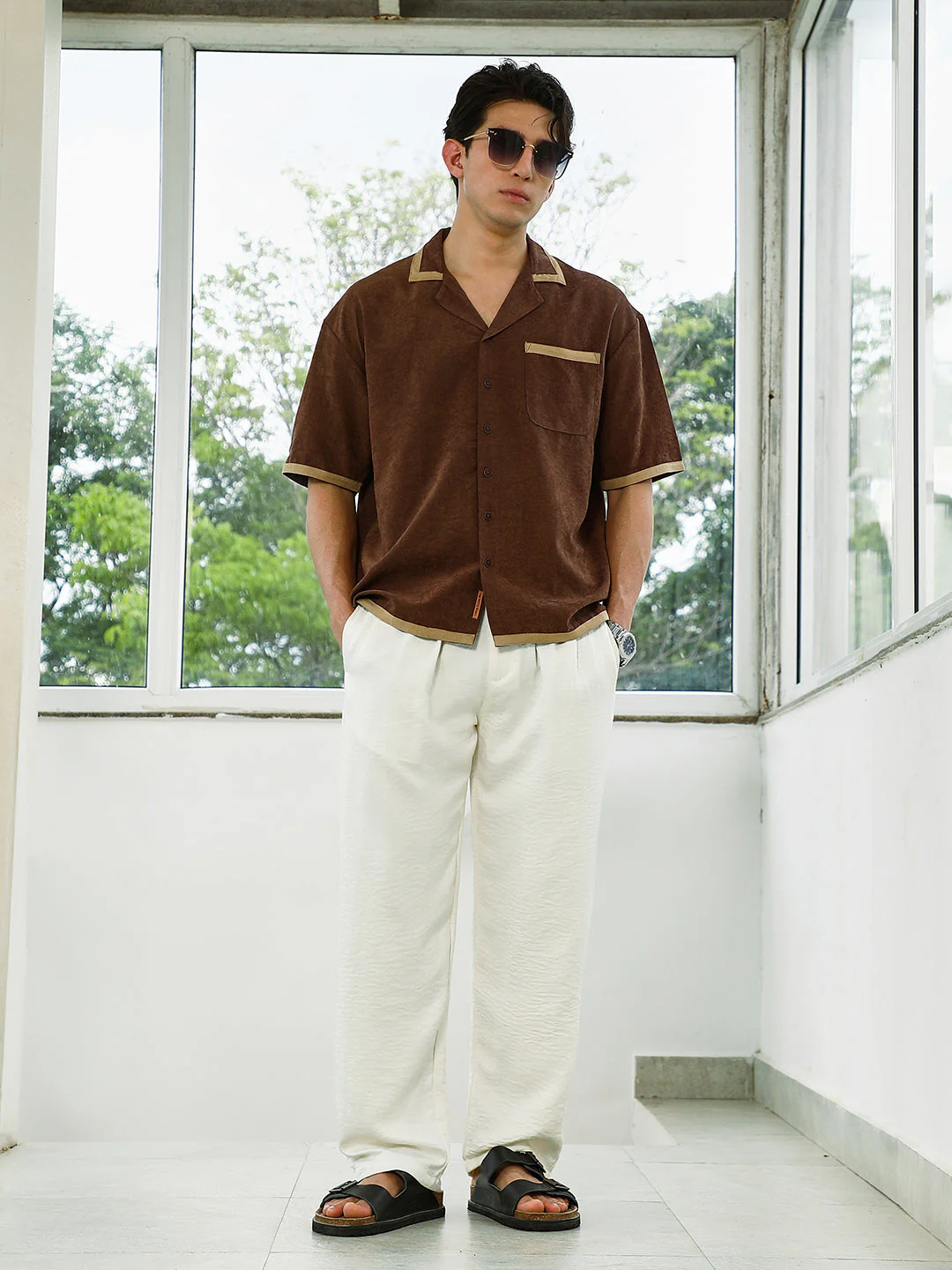 Brown Cuban Collar Shirt With Beige Accents - Image 6