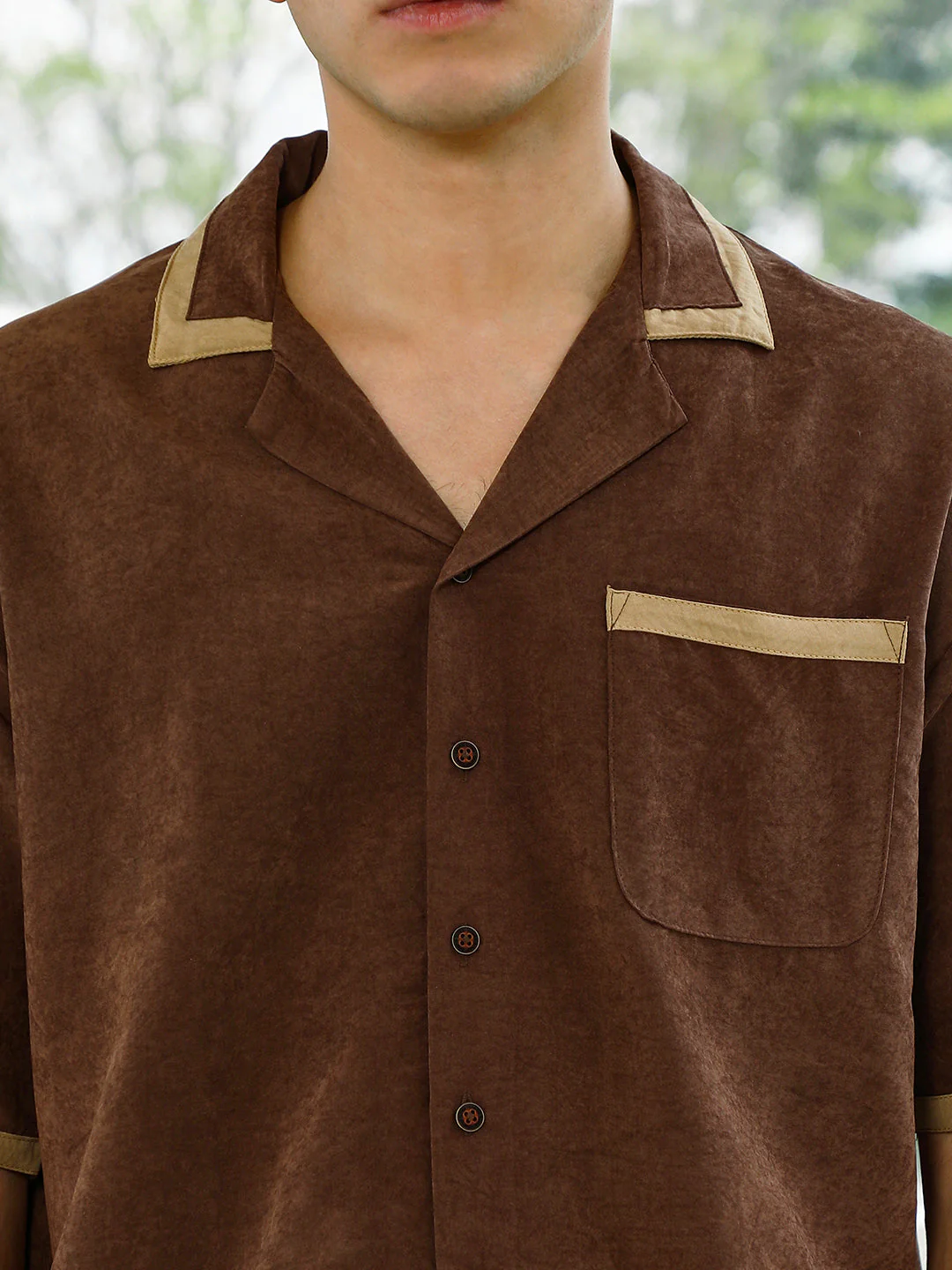 Brown Cuban Collar Shirt With Beige Accents - Image 7
