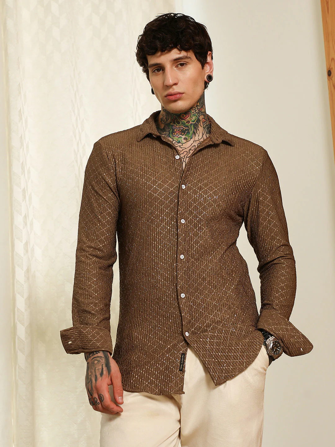 Brown Diamond Pattern Slim Fit Shirt - Image 2