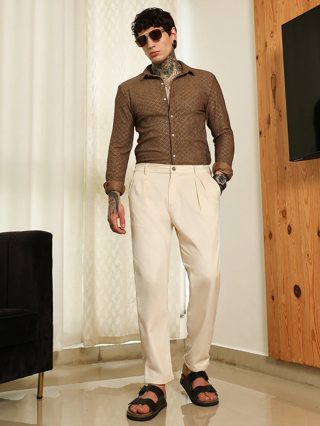 Brown Diamond Pattern Slim Fit Shirt - Image 6
