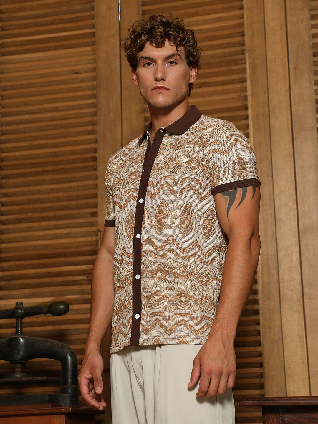 Brown Geometric Pattern Polo Collar Shirt - Image 3