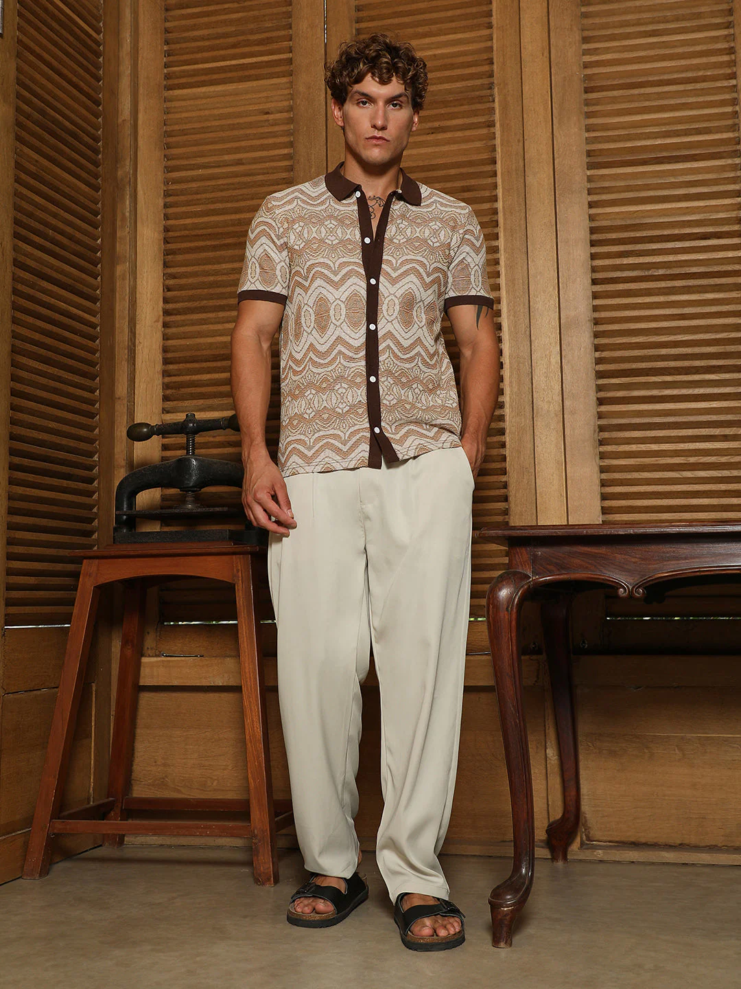 Brown Geometric Pattern Polo Collar Shirt - Image 5