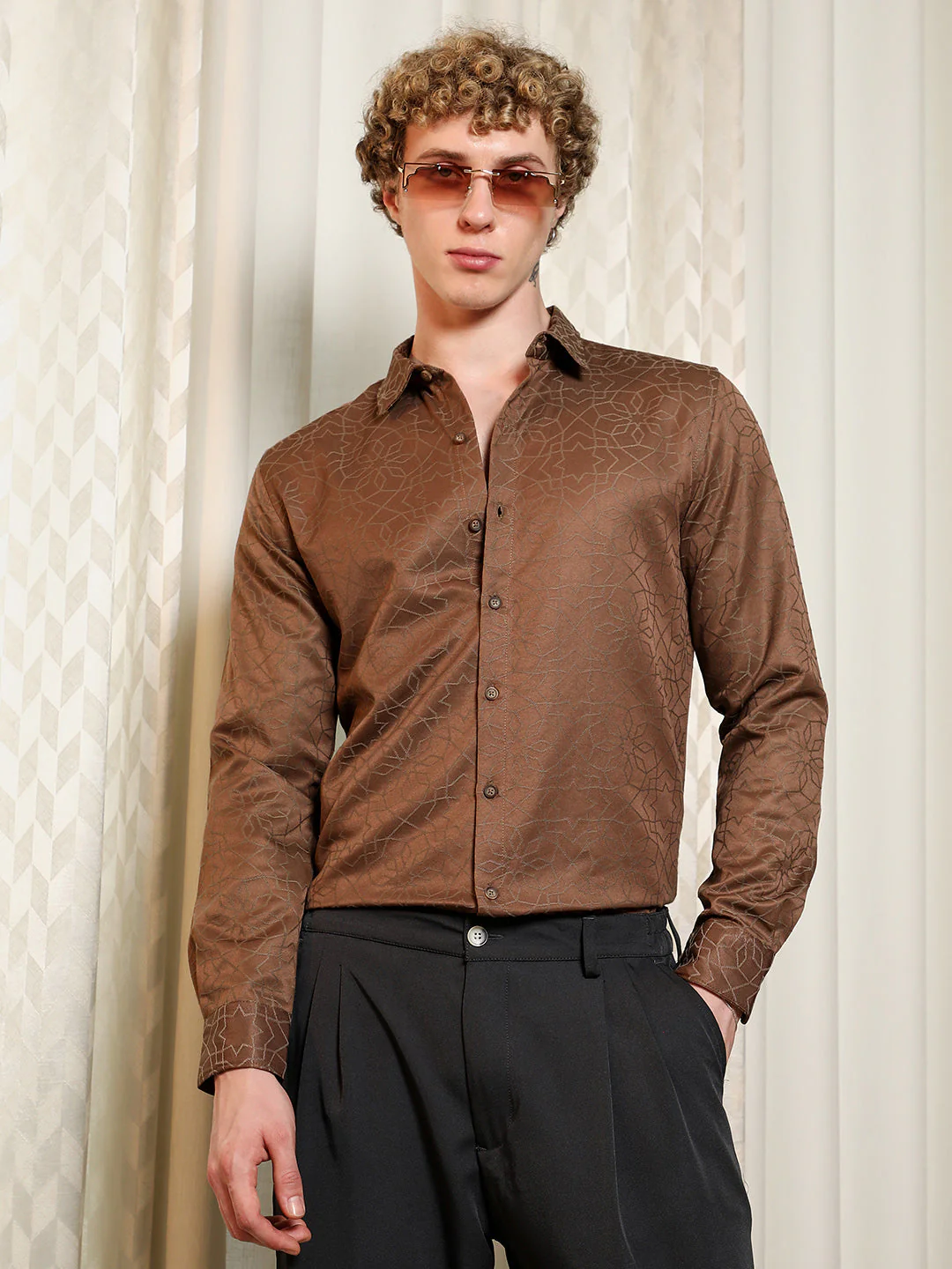 Brown Jacquard Full Sleeve Tailored Fit Shirt